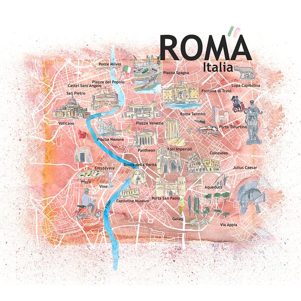 Rome Italy Illustrated Map with Landmarks, Main Streets and Highlights by Markus Bleichner