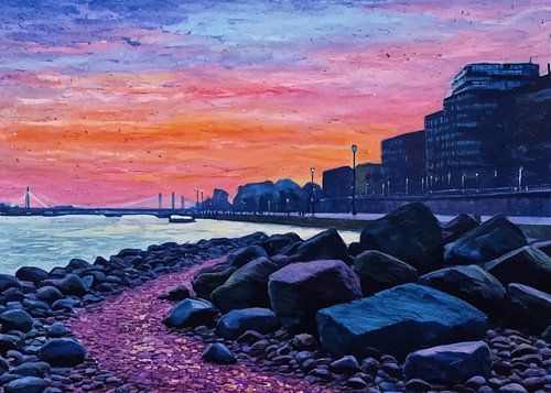 De oevers van de Rijn in Düsseldorf in de vroege ochtend