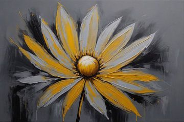 Lebendige gelbe Blume vor grauem Hintergrund von De Muurdecoratie