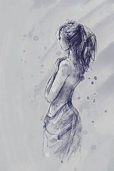 Pentekening jonge vrouw met aquarel ingekleurd