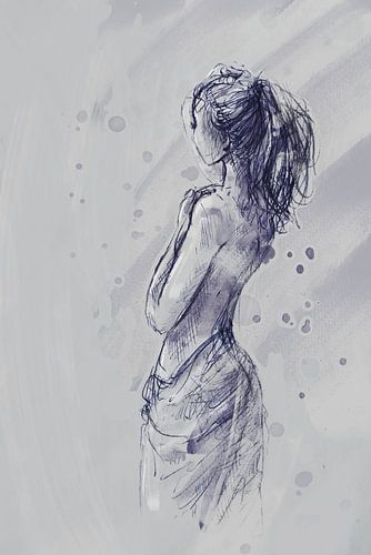 Pentekening jonge vrouw met aquarel ingekleurd