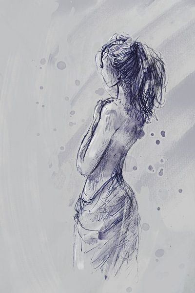 Pentekening jonge vrouw met aquarel ingekleurd van Emiel de Lange