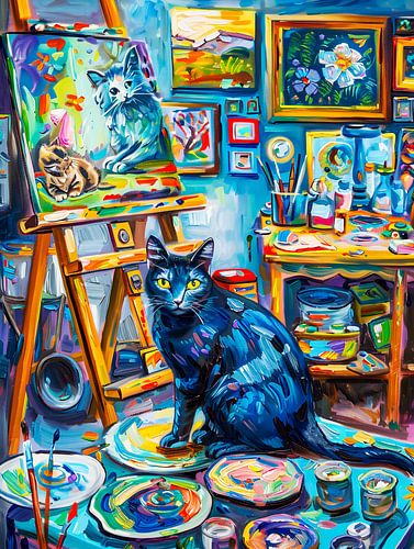 Kat zit in het atelier van een schilder