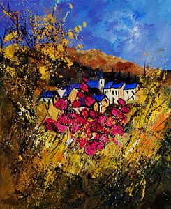 Pink flowers and blue roofs sur pol ledent