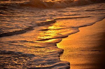 Zonsondergangslicht weerspiegeld op zeepschuim - Strandfotografie van Carolina Reina Photography