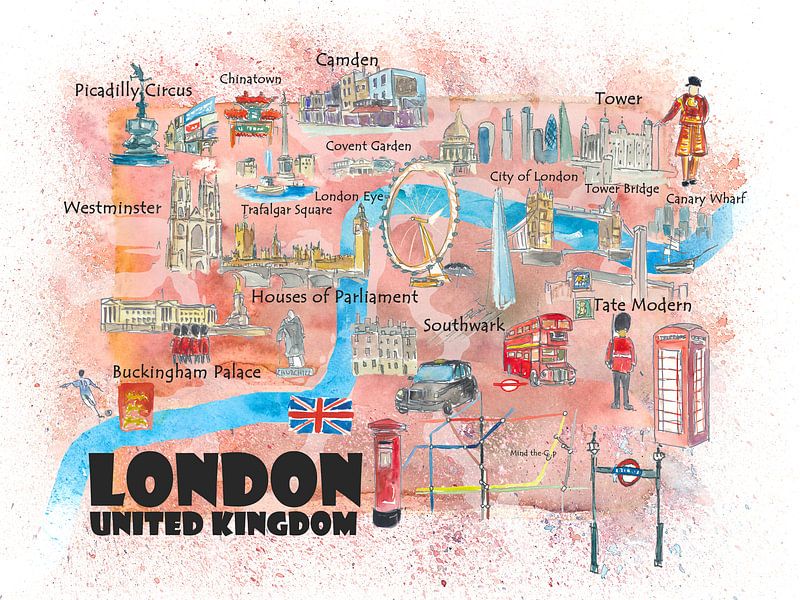 London UK Illustrated travel poster Favourite map Tourist highlights by Markus Bleichner