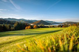 First rays of sunshine in autumn with a view of the Hochgrat, Staufen and Oberstaufen by Leo Schindzielorz