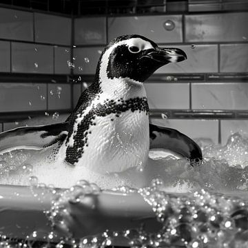 Un joyeux pingouin dans la baignoire - un charmant tableau de salle de bains pour vos toilettes sur Felix Brönnimann
