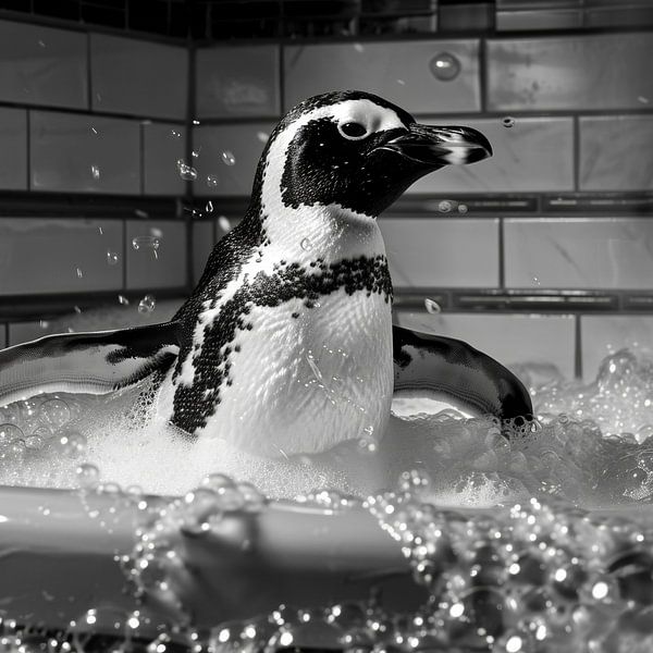 Cheerful penguin in the bath - an enchanting bathroom picture for your WC by Poster Art Shop