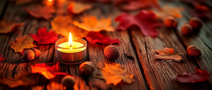 Herbstliche Kerze mit bunten Blättern von Poster Art Shop