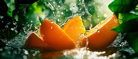 Spritzende Orangenstücke im Grünen von Poster Art Shop