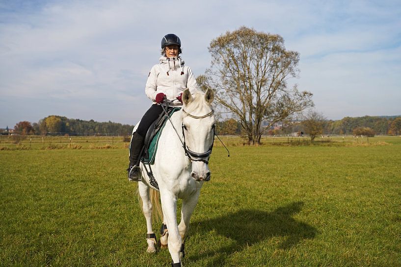 Training with the white horse on a riding arena in autumn by Babetts Bildergalerie
