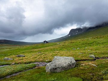 felsen und hütte im hallingskarvet nationalpark in norwegen von anton havelaar