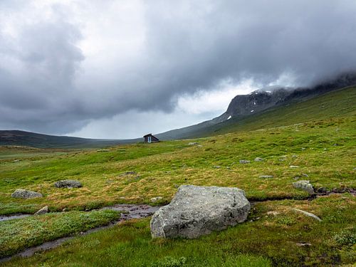 rock and hut in hallingskarvet national park in norway