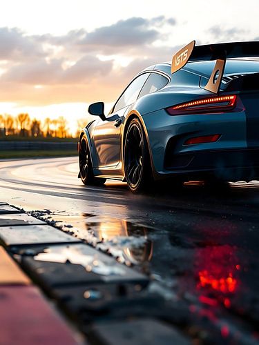 Porsche 911 GT3 RS zwart op nat circuit bij zonsondergang