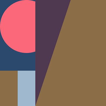 Retro 70s stijl abstracte geometrische kunst in blauw, neon roze, paars, bruin. van Dina Dankers