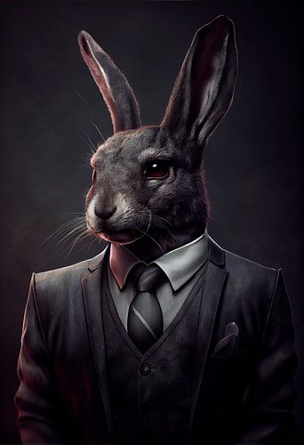 Stately standing portrait of a Hare in a suit