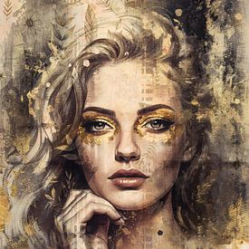 Beauté dorée - portrait dans un intérieur chic de style hôtelier sur Emiel de Lange