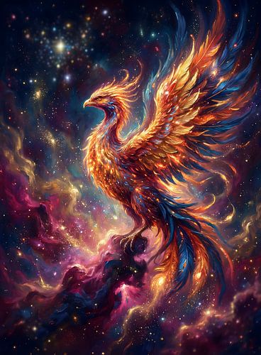 Illustratie van een majestueuze hemelse feniks die opstijgt uit een kosmische nevel