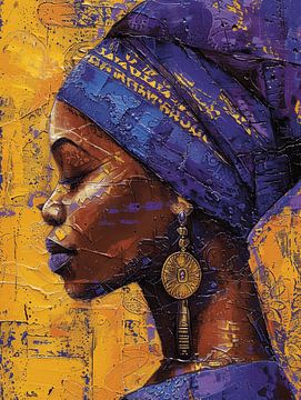 Portrait d'une femme africaine en jaune et violet sur Studio Allee