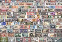 Collage of vintage banknotes from all over the world