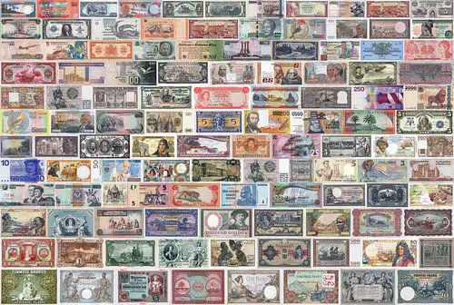 Collage of vintage banknotes from all over the world