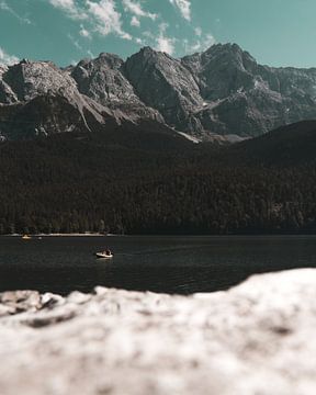 Eibsee with Zugspitze. Rowing boat on the mountain lake
