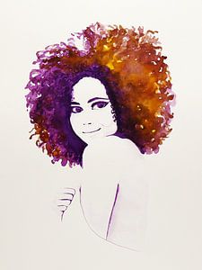 Femme avec des boucles (aquarelle portrait belle femme africaine sexy nue dame coiffure afro)