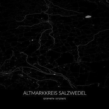 Schwarz-weiße Karte des Altmarkkreises Salzwedel, Sachsen-Anhalt, Deutschland. von Rezona
