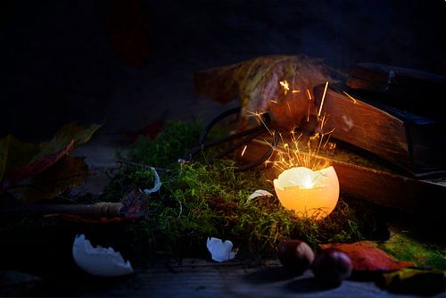 glowing and sparkling eggshell on moss with autumn leaves and old books, mysterious halloween still 