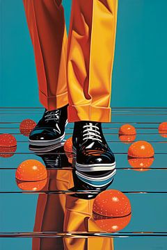 Benen van een man in een oranje broek en zwarte schoenen van Laila Bakker