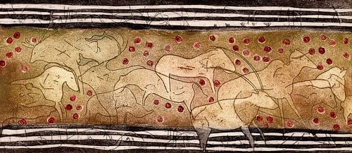 Ensemble van rode stippen en korte lijnen, Ets