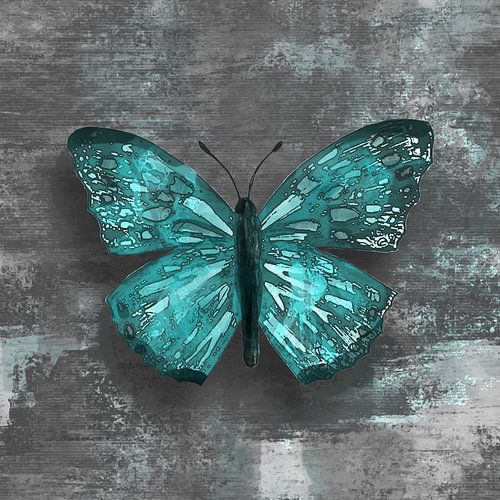 Kunstwerk groenblauwe vlinder met grijze achtergrond