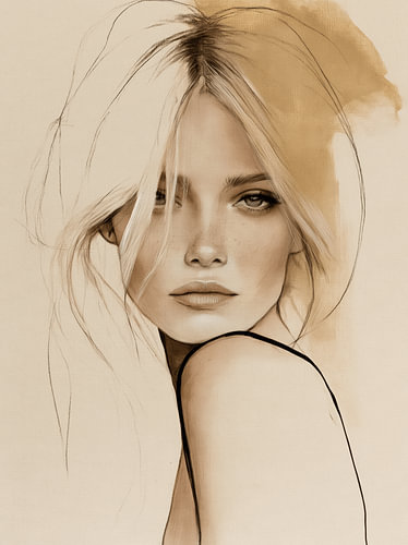 Soft Gaze | Portrait of a woman in shades of beige and sand by Carla Van Iersel