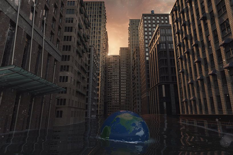 Wet globe drifts back and forth in front of a flooded city by Besa Art