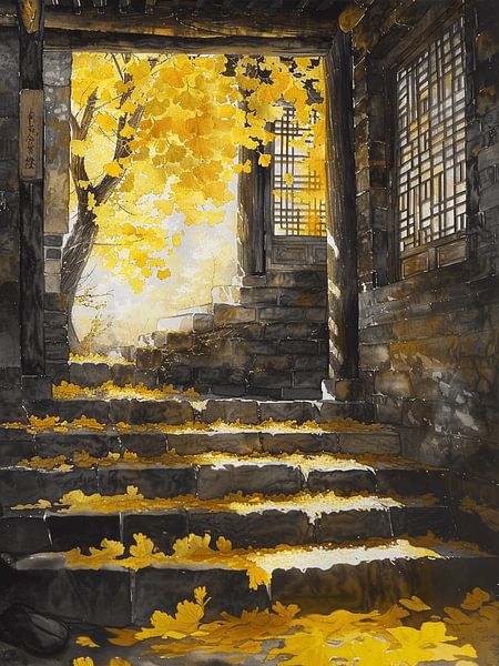 Passage stone staircase ginkgo tree leaves autumn sun by gm_designs