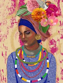 Portrait Africain Abstrait : Femme Turban, Bleu avec Oiseau sur Patricia Leona Art