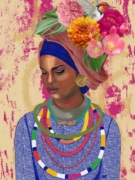 Abstract Afrikaans Portret: Vrouw Tulband, Blauw met Vogel
