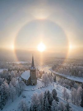 Winterlandschaft mit Kirche und dramatischer Sonnenerscheinung von Markus Gann