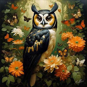 Jungle Flora Surrealism: Spectacled Owl by Mellow Art