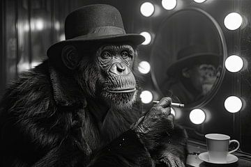 Stijlvolle chimpansee met hoge hoed en sigaret in retrostijl van Felix Brönnimann