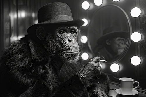 Stijlvolle chimpansee met hoge hoed en sigaret in retrostijl