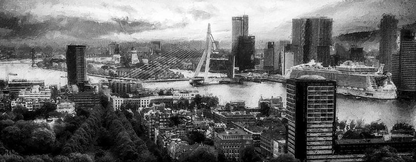 Panorama Rotterdam skyline black white by Digitale Schilderijen