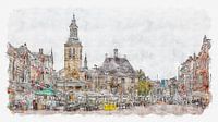 Markt, Raadhuis en Sint-Janskerk in Roosendaal (aquarel)