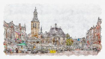 Markt, Raadhuis en Sint-Janskerk in Roosendaal (aquarel)