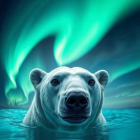 Polar bear in the Arctic Ocean with aurora borealis by Liona Toussaint