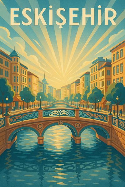 Eskişehir Art Deco Travel Poster - Turkish Canal City Print par Travel Shop