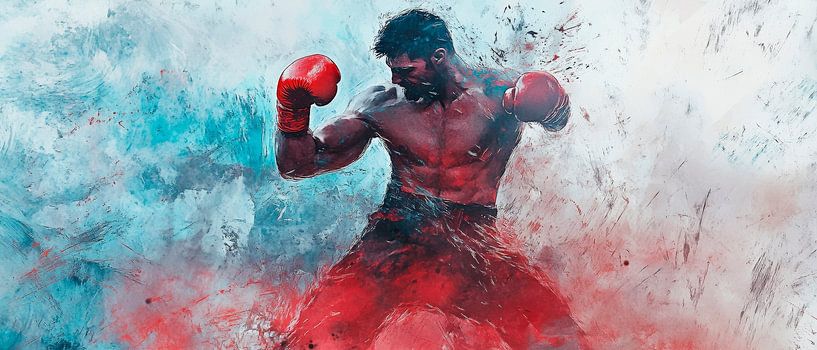 Kämpfer in Aktion vor bunter Farbexplosion von Poster Art Shop