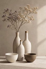 Elegantes Stillleben mit Keramikflaschen und Trockenblumen von STUDIO ARTSY