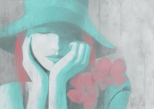 Turquoise Hat and Pink Flower by ARTEO Paintings